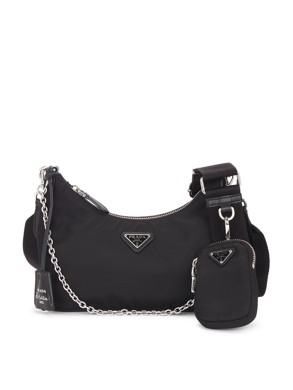 Prada Black Nylon Shoulder Bag with Silver Chain and Pouch